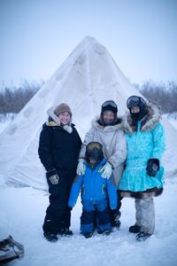 Tinmiaq Hailstone with her son, Sabastian ice fishing with her mother Agnes Hailstone and younger sister, Qutan. (BBC Studios Reality Productions, LLC/Pedro Delbrey)