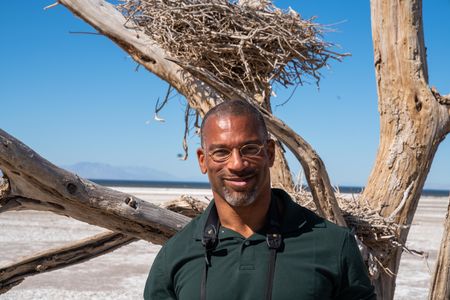 Christian Cooper stands in front of a dead tree with nests that used to be homes to Great Blue Herons. The Salton Sea has long been a vital stop for migrating birds. (National Geographic/Jon Kroll)