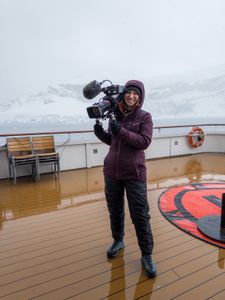 Producer Director Ruth Davies aboard the expedition ship. (National Geographic for Disney/Raphael Boudreault-Simard)