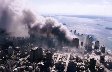 9/11: ONE DAY IN AMERICA - An aerial view of ground zero burning after the September 11 terrorist attacks. (Photo Credit: NIST)