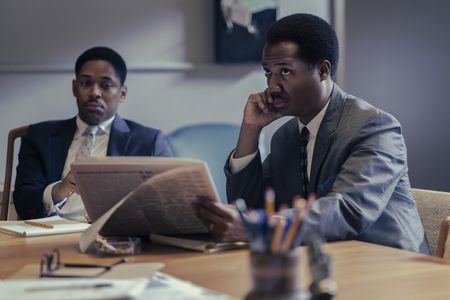 Martin Luther King Jr., played by Kelvin Harrison Jr., and Ralph Abernathy, played by Hubert Point-Du Jour, during an SCLC meeting in GENIUS: MLK/X. (National Geographic/Richard DuCree)