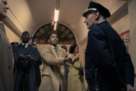 The MIA, led by Martin Luther King Jr., turn themselves in to police in GENIUS: MLK/X. (Jay DeVon Johnson as E.D. Nixon, Kelvin Harrison Jr. as Martin Luther King Jr., and Millie Capellan as Jo Ann Robinson). (National Geographic/Richard DuCree)