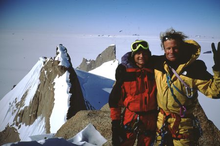Alex Lowe (L) and Conrad Anker (R) on the summit of Trolls Loppet, a peak in the Antarctic region of Queen Maud Land, 1996. (Credit: Gordon Wiltsie)