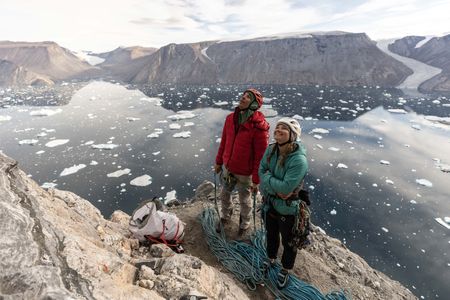 Alex Honnold, left, and Hazel Findlay on Ingmikortilaq. (photo credit: National Geographic/Pablo Durana)