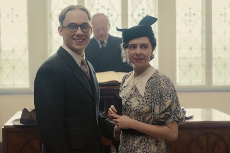 A SMALL LIGHT - Jan Gies, played by Joe Cole, and Miep Gies, played by Bel Powley, on their wedding day in A SMALL LIGHT. (Credit: National Geographic for Disney/Dusan Martincek)