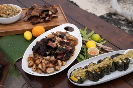 Gordon Ramsay's Wild Pork Ribs, New York Strip, and Lau Lau from the final cook. (National Geographic/Justin Mandel)