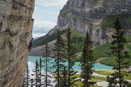 Tommy Caldwell climbing above Lake Louise.  (National Geographic/Taylor Shaffer)