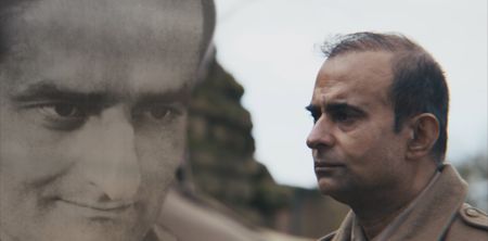 A composite image shows Captain Anis Khan next to actor Shammi Aulakh portraying him in a WW2 historic reenactment scene for "Erased: WW2's Heroes of Color." Captain Anis Khan served courageously in Dunkirk and spent nearly four years as a prisoner of war – the longest of any Indian officer in WW2.  (National Geographic)