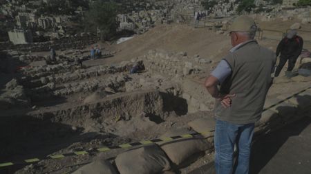 Crew members are already hard at work, as a new day begins at the citadel excavation site in Amman, Jordan. (Windfall Films/Alex Collinge)