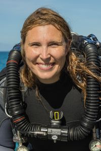Associate producer and safety diver, Harriet Spark, after a CCR (rebreather) dive to film Day octopus on the Great Barrier Reef. (photo credit: National Geographic/Harriet Spark)