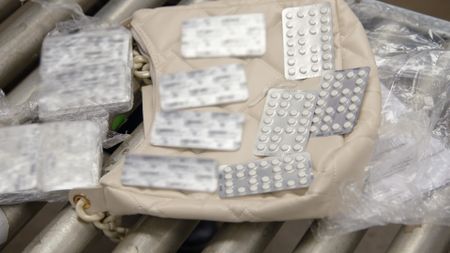 Packets of pills lay on a purse after they were discovered hidden inside it in a shipment in Philadelphia. (National Geographic)