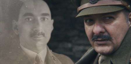 A composite image shows Major Akbar Khan next to actor Jack Gill portraying him in a WW2 historic reenactment scene for "Erased: WW2's Heroes of Color." Major Akbar Khan was the most senior Indian in the British Army during WW2 and a member of Force K6, a little known Indian regiment of mule handlers. Amidst the chaos of Dunkirk and the advancing German Army, the Indian regiment fought for victory and independence. (National Geographic)