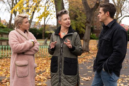 Florence Pugh, Megan Owens and Antoni Porowski walk and talk in St Pancras Gardens. (National Geographic/Chris Raphael)