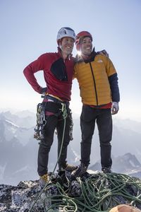 Alex Honnold and Tommy Caldwell celebrating on top of the Devil's Thumb.   (National Geographic/Matt Pycroft)