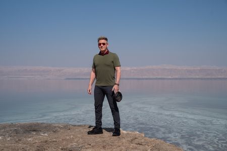 Gordon Ramsay in front of the Dead Sea in Jordan. (National Geographic/Justin Mandel)