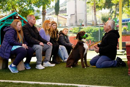 The Luhm family listens to Cesar while Murphy wears a muzzle. (National Geographic)