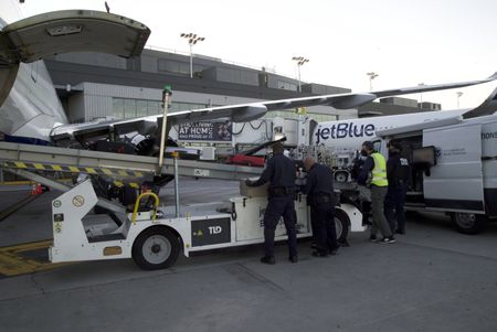 Multiple CBP officers are X-raying luggage coming off of a plan in order to detect hidden contraband.(National Geographic)