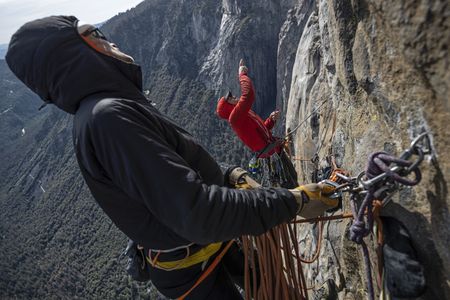 Alex Honnold and Conrad Anker inspect the following ptich from a belay on El Capitan's Freerider route  in Yosemite National Park. Alex plans on free soloing the route in a few weeks. (National Geographic/Jimmy Chin)