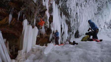 Will Gadd and his team set up a route to climb Helmcken Falls.  (mandatory credit: Red Bull Media House)