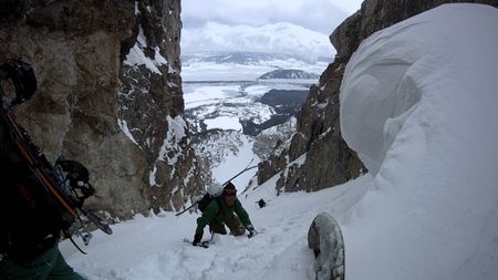 Jimmy Chin (center) finishes climbing a mountain covered in snow in the Teton range, Wyoming.   (credit: Teton Gravity Research)