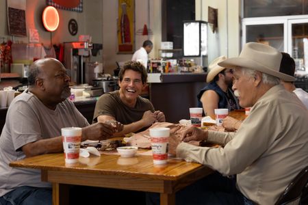 Hoover Alexander, James Marsden, and Jim Kearney discuss the origins of Texas barbecue. (National Geographic/Amy Mikler)