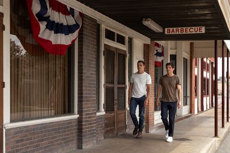 Antoni Porowski and James Marsden arrive in Lockhart, TX to try Texas barbecue. (National Geographic/Amy Mikler)