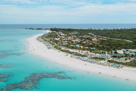 An aerial view of the beach is pictured on Lookout Cay at Lighthouse Point, The Bahamas. (Disney/Steven Diaz)