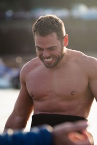 Extreme Athlete Ross Edgley has broken numerous world records. Now he takes on 4 sharks to see if he can go faster, eat more, be stronger, and turn at speed. (National Geographic/Nathalie Miles)