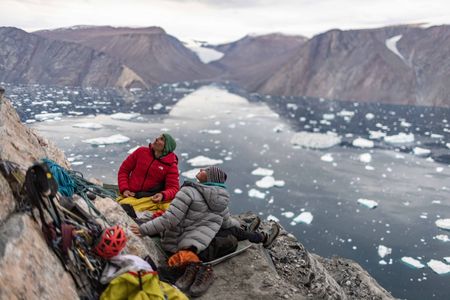 Alex Honnold, left, and Hazel Findlay on shiver bivy. (photo credit: National Geographic/Pablo Durana)
