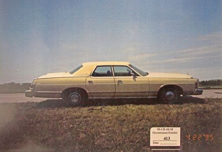 Timothy McVeigh's yellow Mercury Marquis was left at the side of Interstate-35 following his arrest on a weapons charge, after he was pulled over for having no license plate in April, 1995. (Courtesy The Stephen Jones Oklahoma City Bombing Archive, Dolph Briscoe Center, at the University of Texas)