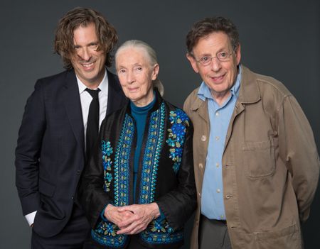 Critically acclaimed filmmaker Brett Morgen,  conservation icon Dr. Jane Goodall and world-renowned composer Philip Glass. 
 (photo credit: National Geographic/Stewart Volland)