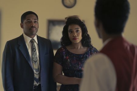 Martin, played by Kelvin Harrison Jr., and Coretta, played by Weruche Opia, talk with Bayard Rustin, played by Griffin Matthews, in GENIUS: MLK/X. (National Geographic/Richard DuCree)