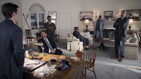 President Kennedy, played by Adam Cropper, strategizes with civil rights leaders Martin Luther King Jr., played by Kelvin Harrison Jr., Ralph Abernathy, played by Hubert Point-Du Jour, John Lewis, played by Ja'Quan Monroe-Henderson, A. Philip Randolph, played by Afemo Omilami, and Roy Wilkins, played by Al Mitchell, in GENIUS: MLK/X. (National Geographic/Richard DuCree)