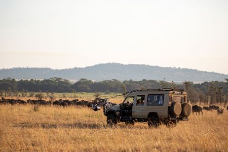 A safari vehicle with GSS rigged on the front while filming wildebeest in Tanzania. (National Geographic for Disney/Holly Harrison)