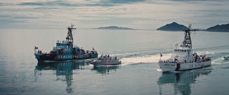 Sea Shepherd vessels and an interceptor ship of the Mexican navy search for poaching vessels north of San Felipe - Sea of Cortez. (photo credit: National Geographic)