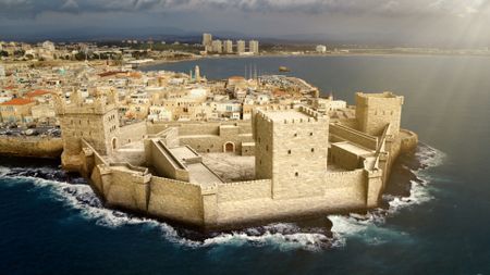 CGI recreation of the ancient fortress of Acre, Israel, viewed from above. (National Geographic)