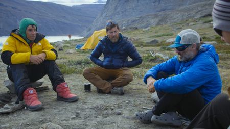 (Left to right): Alex Honnold, Aldo Kane, and Mikey Schaefer during a camp discussion. (photo credit: National Geographic/Richard Ladkani)