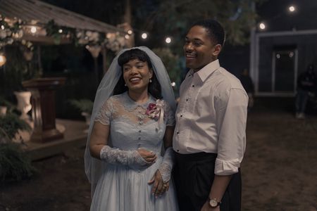 Coretta, played by Weruche Opia, and Martin, played by Kelvin Harrison Jr., on their wedding day in GENIUS: MLK/X. (National Geographic/Richard DuCree)