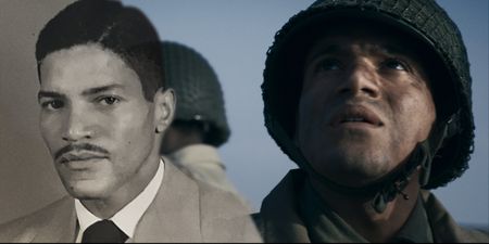 Corporal William Dabney and actor Joshua Riley appear in a composite portrait created for a WW2 historic reenactment production featured in "Erased: WW2's Heroes of Color." Corporal Dabney served with the 320th Barrage Balloon Battalion on D-Day. (National Geographic)