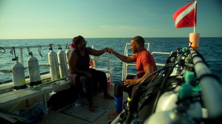 Shark scientist Jasmin Graham, left and Anthony Mackie. (National Geographic)