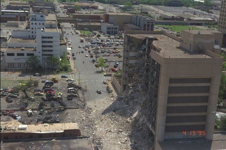 The bombed Alfred P. Murrah Federal Building and burned cars in the parking lot are pictured from above on April 19th, 1995, in Oklahoma City, Okla. (Danny Atchley)