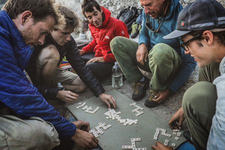 The crew is never too tired for a game of bananagrams. Played at the top of Freerider on the summit of El Capitan in Yosemite National Park.