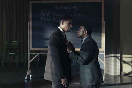 Malcolm X, played by Aaron Pierre, delivers news to Reginald, played by Freddie Fulton, in GENIUS: MLK/X. (National Geographic/Richard DuCree)