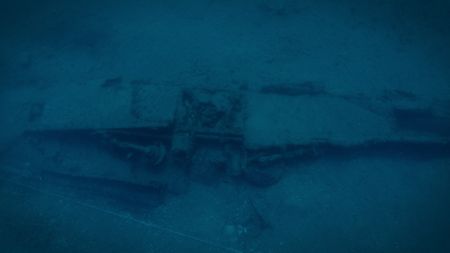 An underwater image shows the wing from Lt. Frank Moody's discovered P-39 Airacobra plane in Lake Huron. The plane was lost in the waters of Lake Huron in 1944. (National Geographic)
