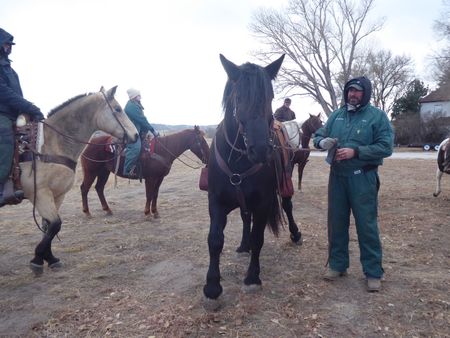 Dr. Erin Schroeder, vet tech Katelyn Fischer, owner Jerry Stewart, and Dr. Ben Schroeder set out on horseback to work some cattle at Jerry's ranch, in western Nebraska. (National Geographic)