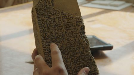 A replica of the King's List found in southern Mesopotamia is pictured in close-up. (Windfall Films/Freya Williams)