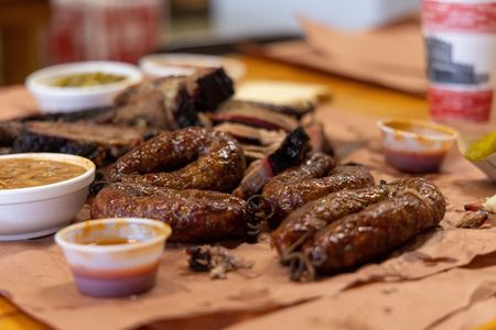 A spread of Texas barbecue at Smitty's Market. (National Geographic/Amy Mikler)