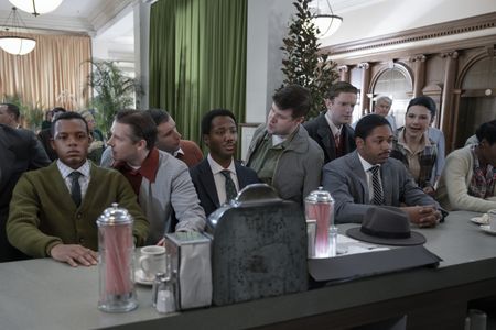 Julian Bond, played by Richard David, Ralph Abernathy, played by Hubert Point-Du Jour, and Martin Luther King Jr., played by Kelvin Harrison Jr., are accosted at a sit-in, as seen in GENIUS: MLK/X. (National Geographic/Richard DuCree)
