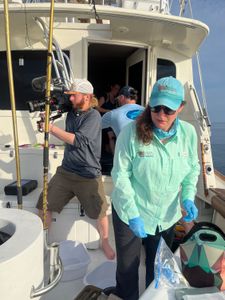 Turtle Researcher Katrina Phillips, Camera Operator Jimmy Cape, and Ryan Welsh on a boat looking for turtles. (National Geographic for Disney/Ruth Davies)
