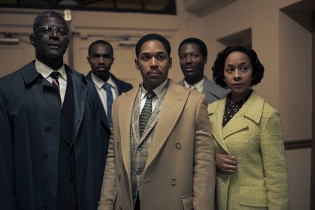 Members of the Montgomery Improvement Association in GENIUS: MLK/X. (From left: Jay DeVon Johnson as E.D. Nixon, Moses Jones as Fred Gray, Kelvin Harrison Jr. as Martin Luther King Jr., Hubert Point-Du Jour as Ralph Abernathy, and Millie Capellan as Jo Ann Robinson). (National Geographic/Richard DuCree)